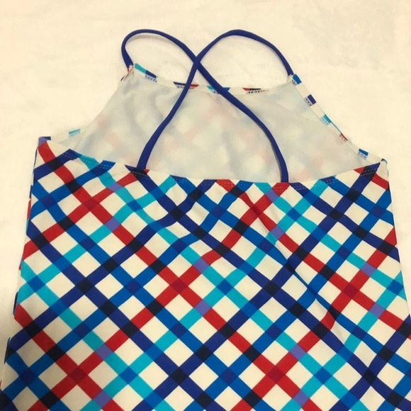Girls One Piece Swimsuit Blue Red Plaid Crisscross Back Cute Swimwear - Picture 4 of 5